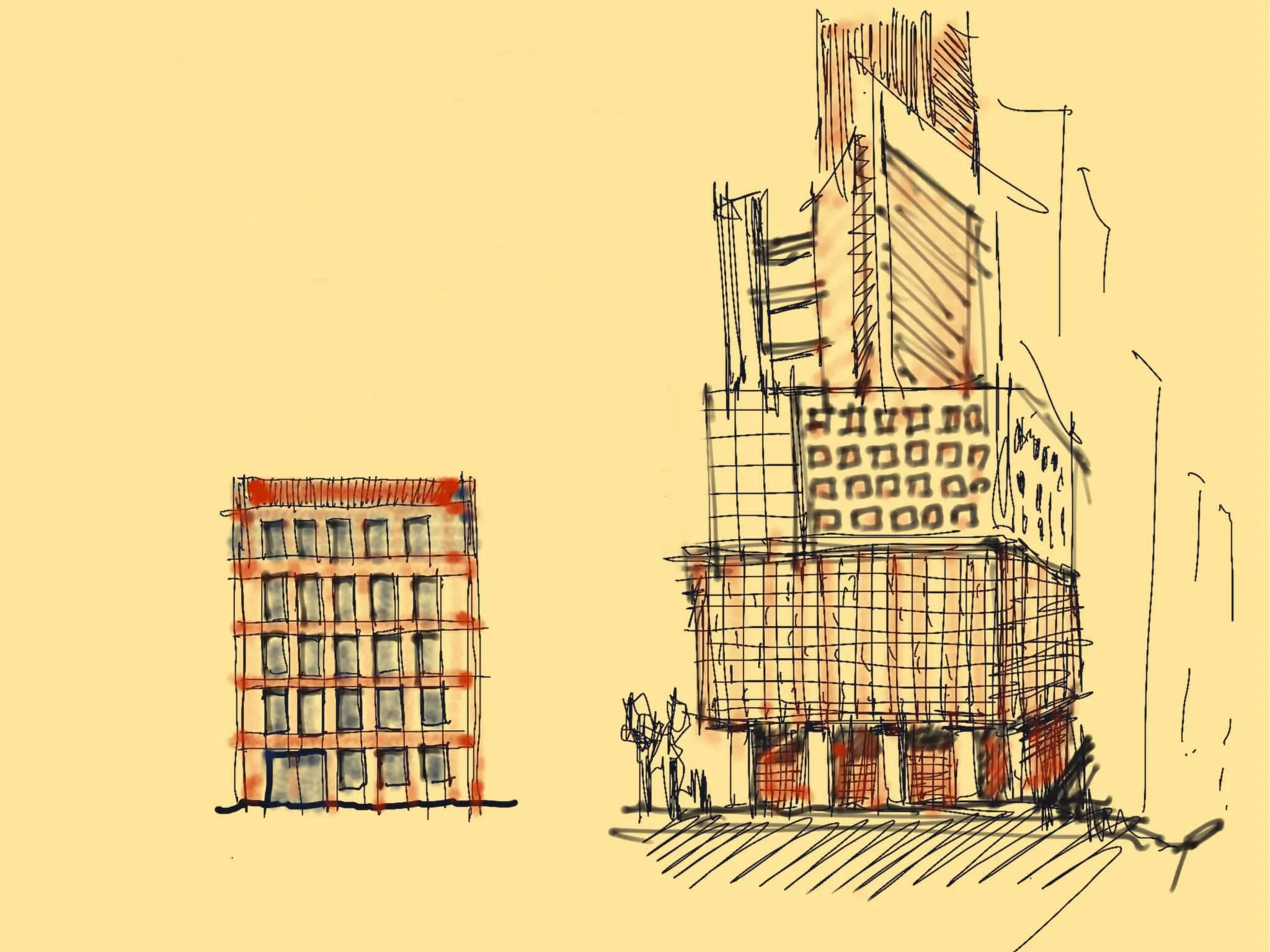 A sketch of several tall buildings with a yellow background, done with black ink and orange accents.