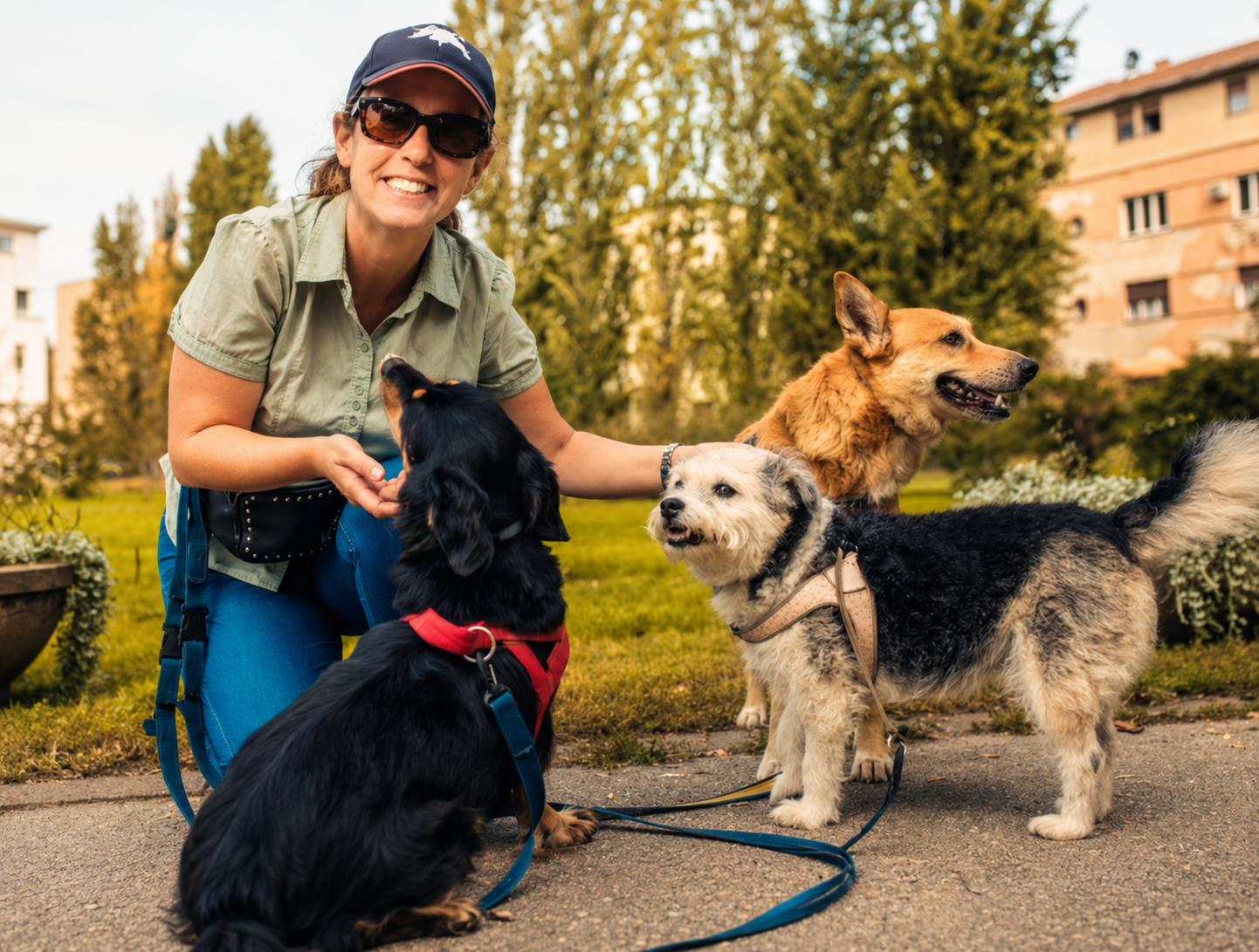 Pack in Motion dog walker with a small group of dogs during an outdoor walk in SW Portland. Structured walks, personalized care, and small group dog walking services.