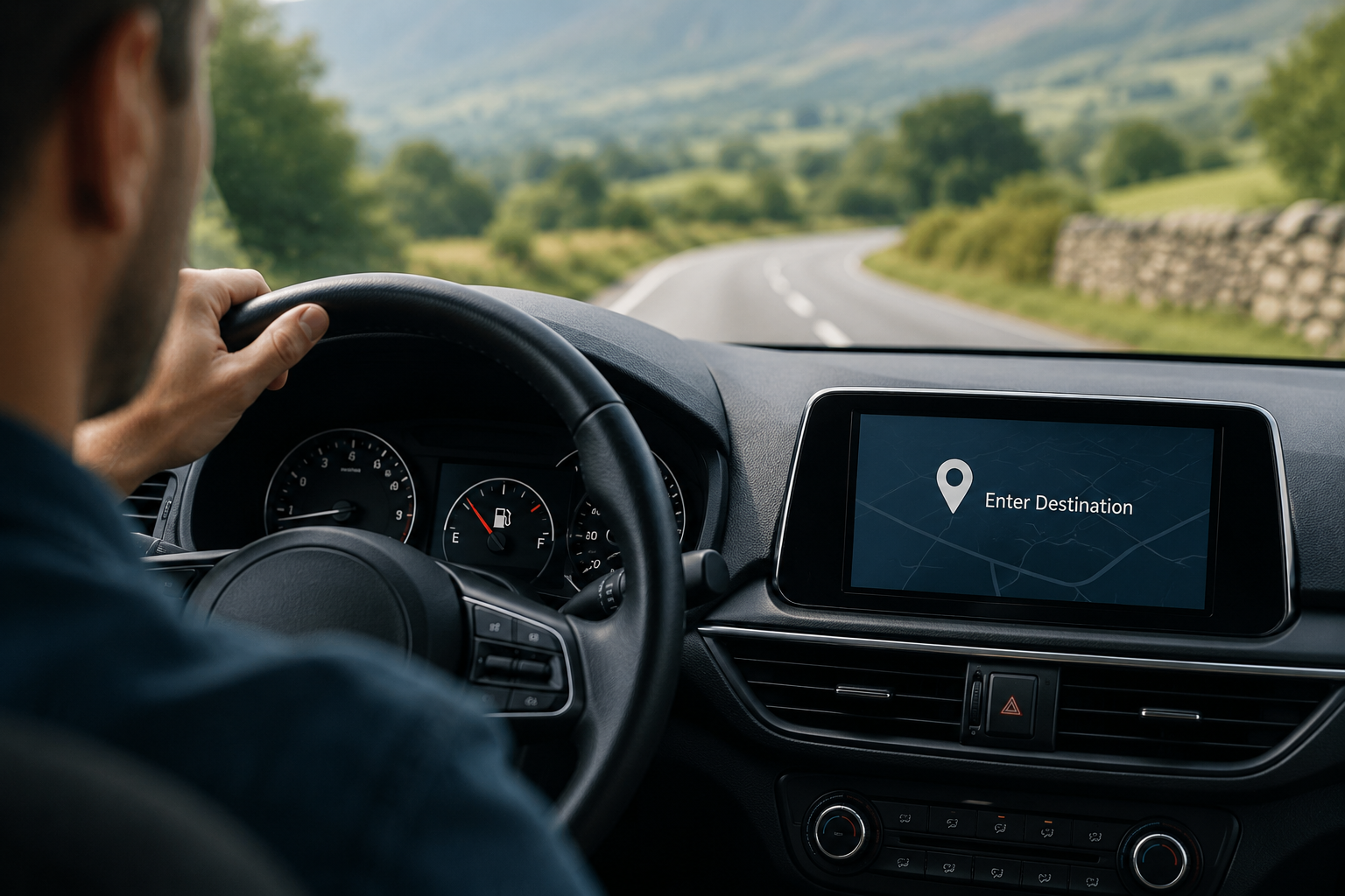 Car dashboard with fuel gauge and sat nav saying “Enter Destination”, symbolising retirement planning objectives.