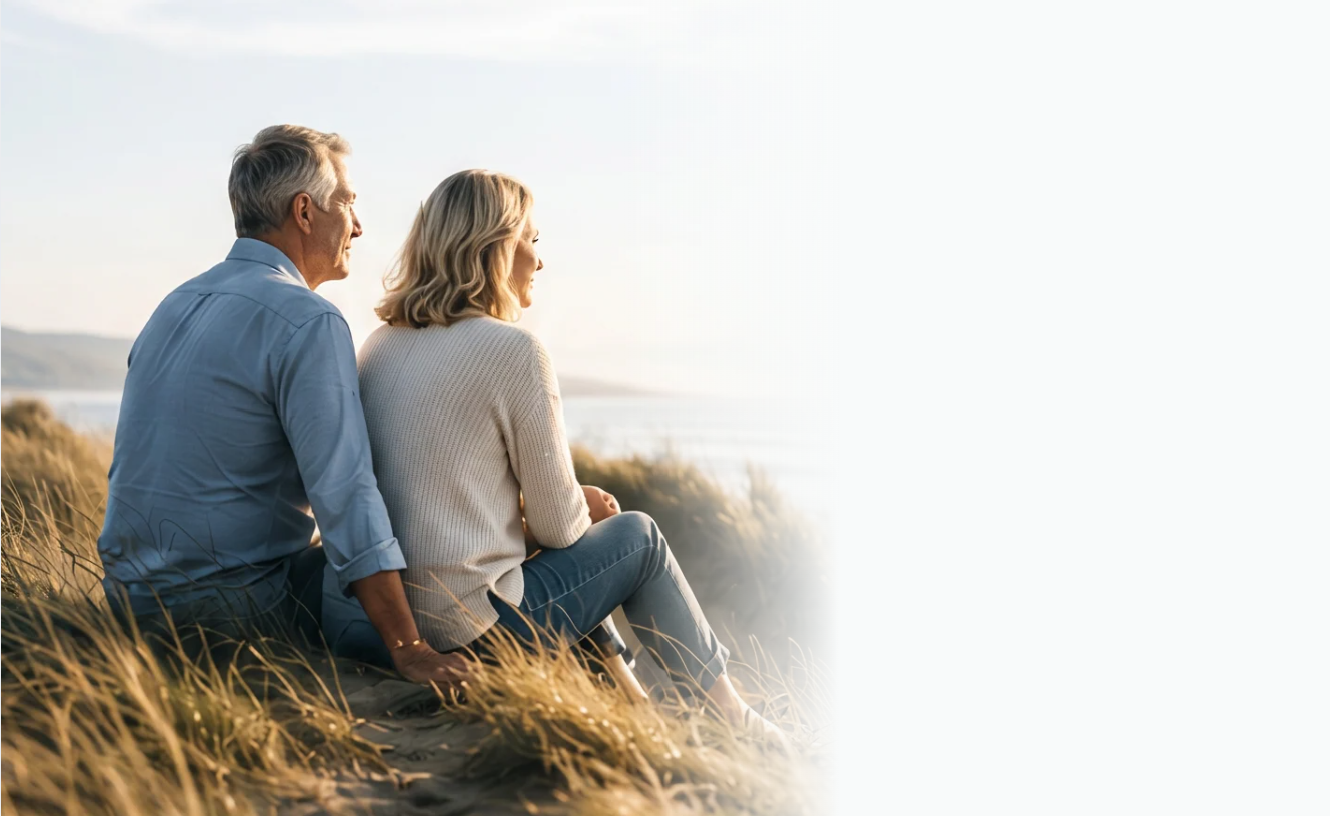 Couple looking ahead while considering retirement planning and future financial choices.