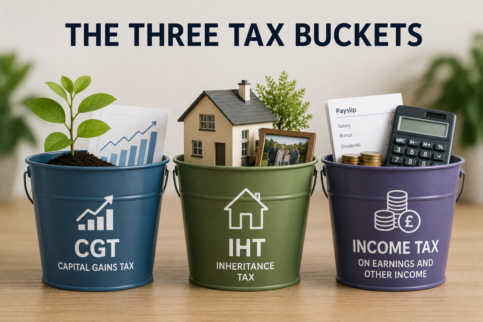 Illustration of three tax buckets representing Capital Gains Tax, Inheritance Tax and Income Tax.
