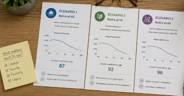 Retirement scenario planning cards showing different retirement ages, income projections and personal priorities.