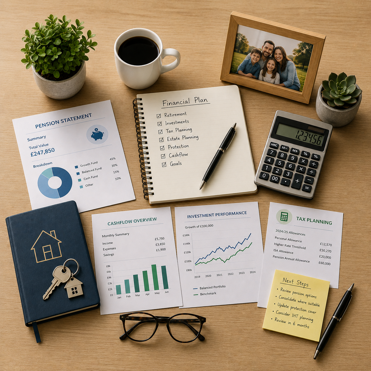 Financial planning documents, pension statement, cashflow chart, calculator and family photo laid out on a desk.