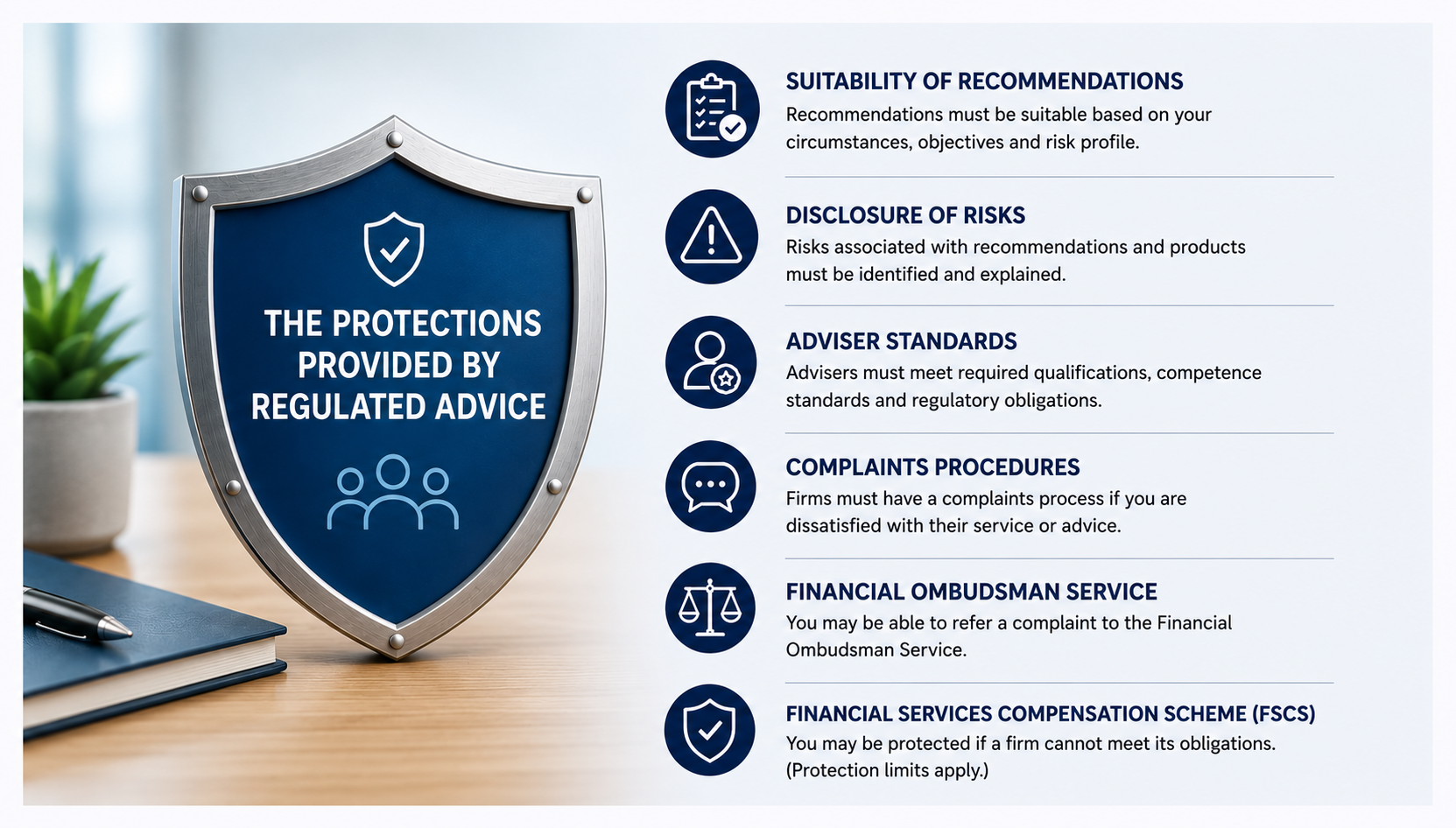 Illustration showing protections provided by regulated financial advice, including suitability, risk disclosure, complaints procedures, the Financial Ombudsman Service and FSCS.