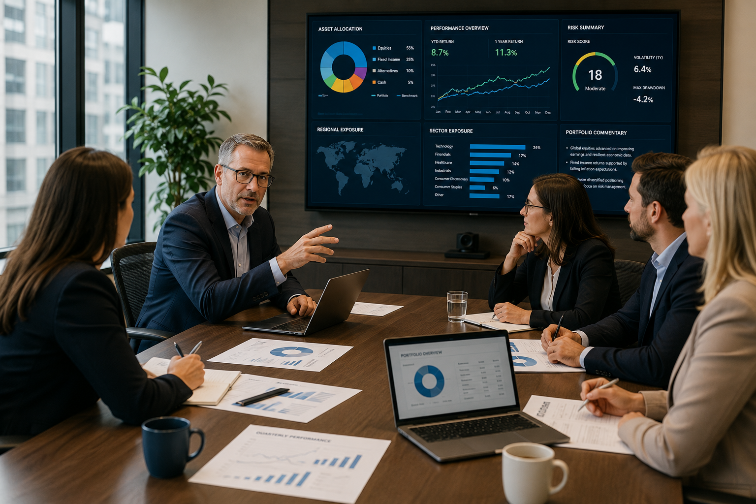 Discretionary fund manager meeting reviewing portfolio performance, asset allocation and risk information.