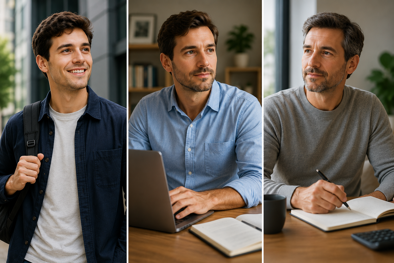 The same person shown at three different adult life stages, representing how retirement objectives and financial planning priorities can change over time.