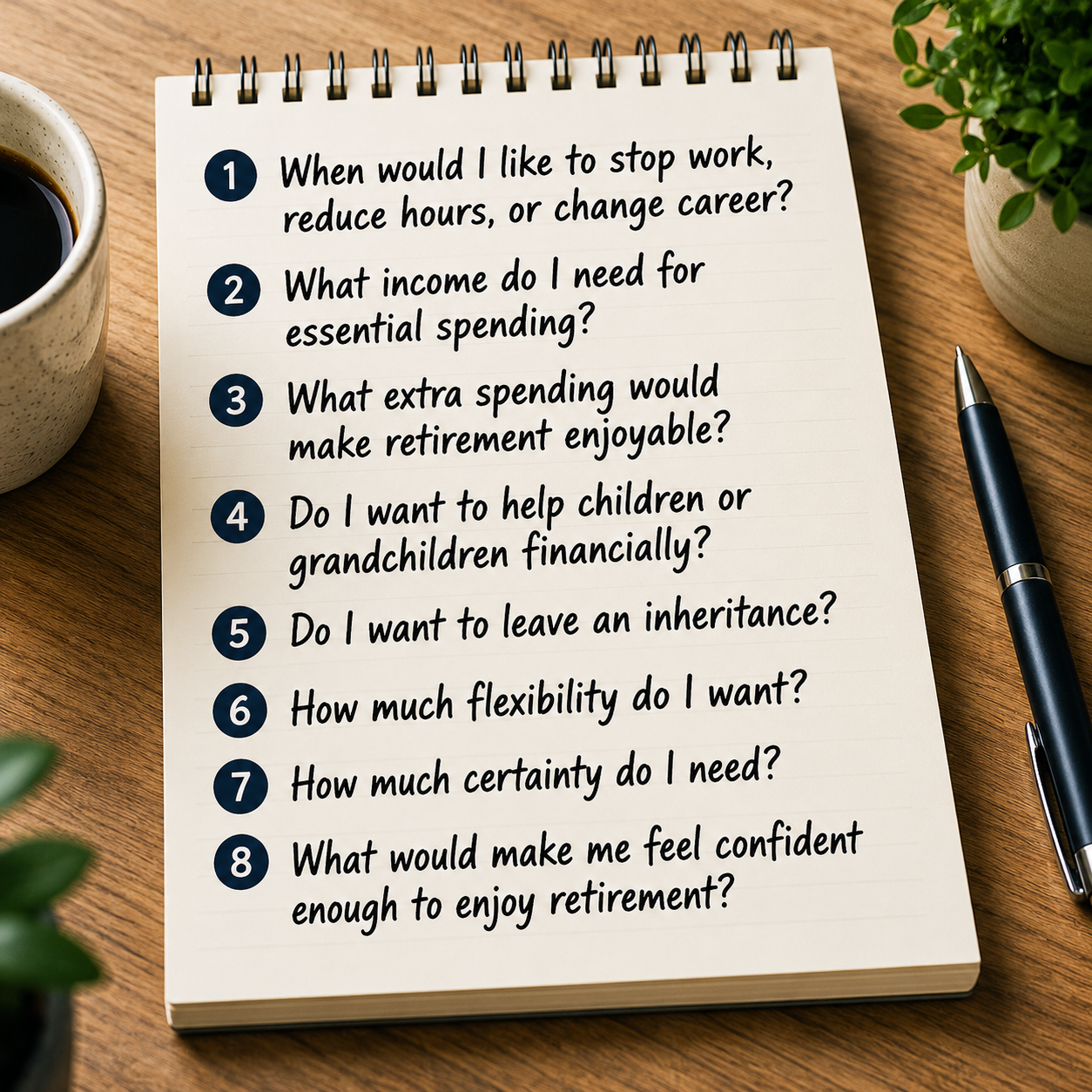 Notebook listing key retirement planning questions, including when to stop work, essential income needs, family support, inheritance, flexibility, certainty and confidence in retirement.