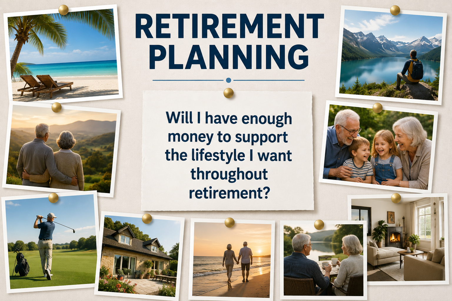 Retirement planning collage showing lifestyle goals including travel, family, home, golf and leisure.