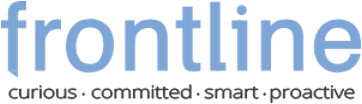 Logo with the word 'frontline' in blue and gray text, followed by the words 'curious, committed, smart, proactive' in smaller black font.