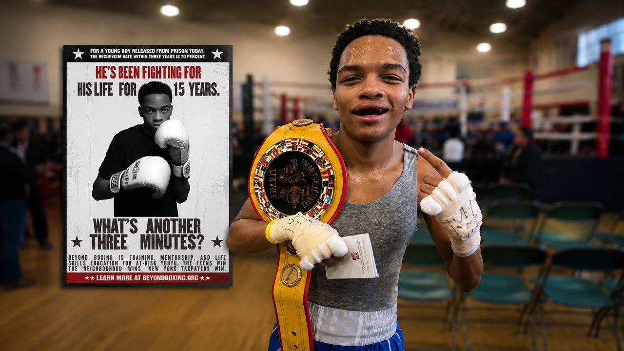 Young boxer in a gym holding a championship belt, smiling and pointing to his shoulder, with a boxing ring in the background.