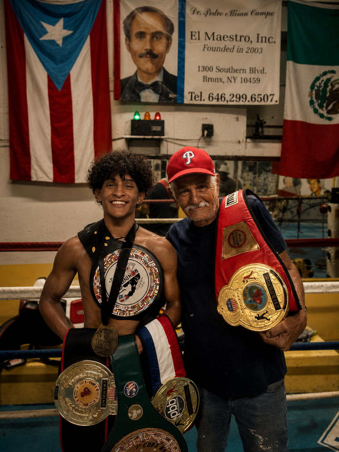 A shirtless young male boxer with a medal around his neck, holding championship belts, standing next to an elderly man in a red cap and vest with a championship belt. They are inside a boxing gym with flags of Puerto Rico and Mexico, and a banner of Dr. Pedro Ellian Campo in the background.
