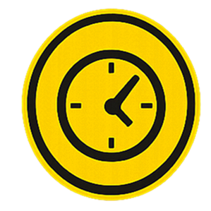 A yellow circular sign with a black clock symbol indicating the time.