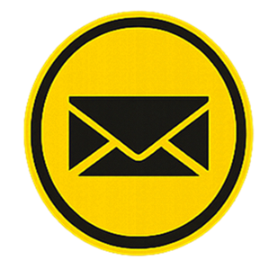Yellow caution sign with black border displaying a black envelope symbol indicating email or messaging