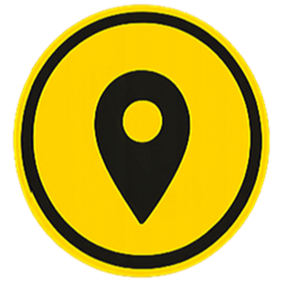 Yellow circular sign with a black border and a black location pin icon in the center.