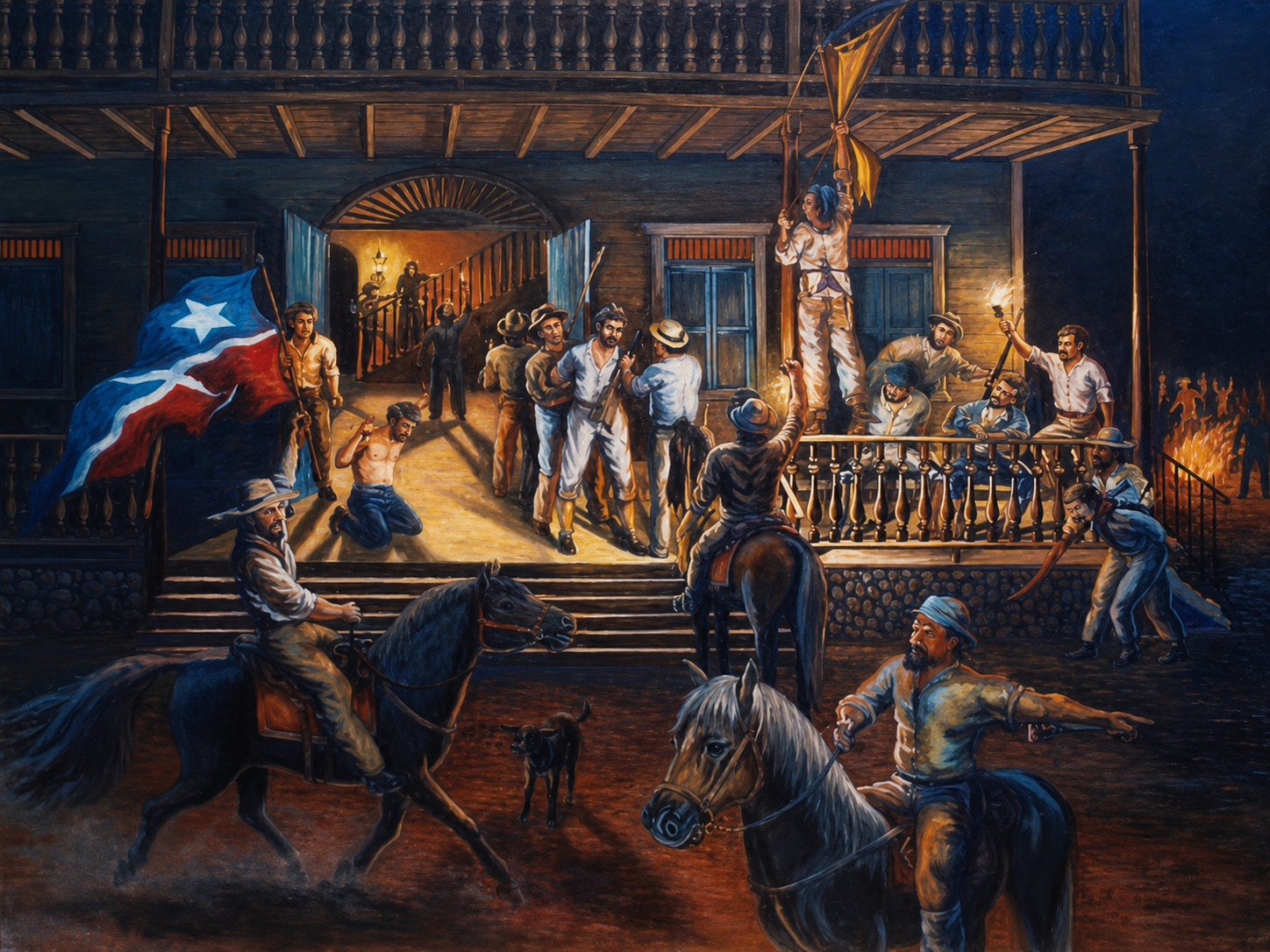 A historical scene depicting a group of men on horseback and on foot in front of a wooden building, with some holding flags, during what appears to be a tense confrontation or protest at night, illuminated by torches and warm lighting.