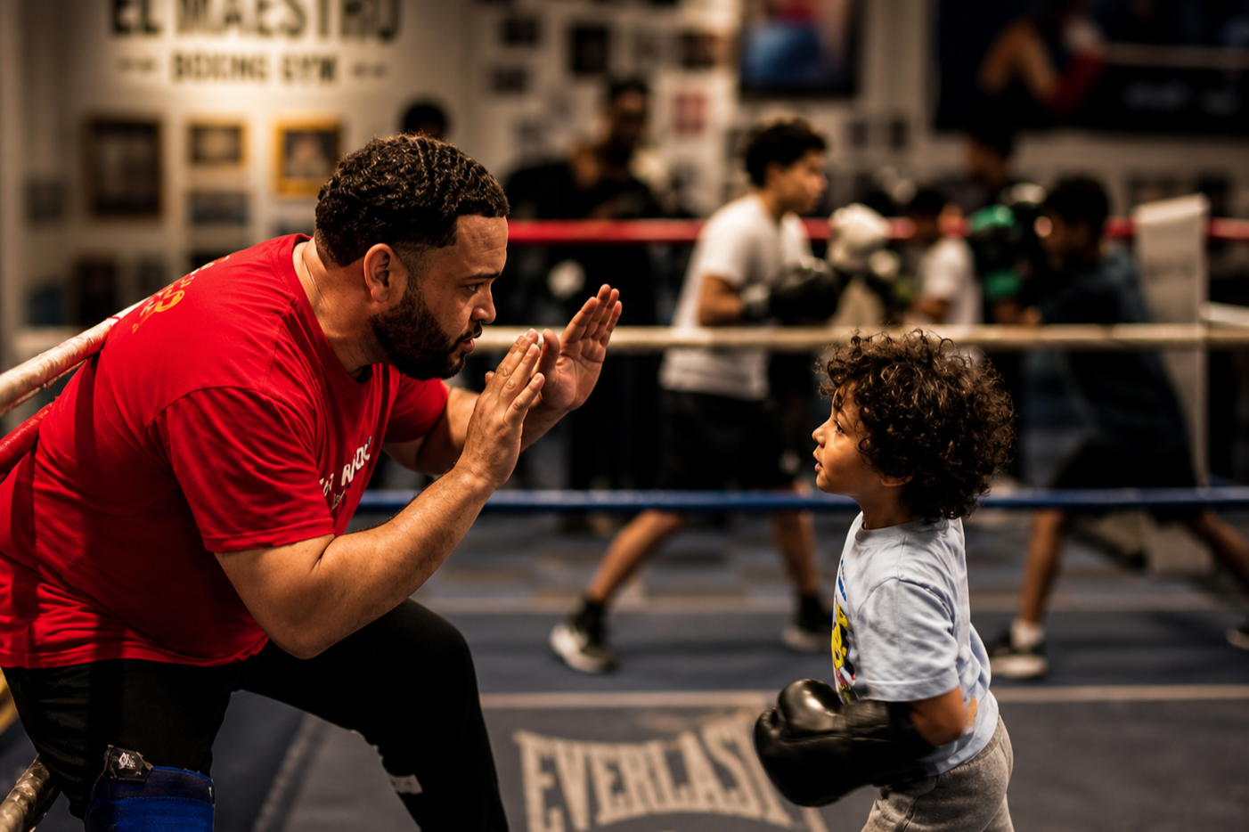 A coach and a young boy practicing boxing in a gym, with more people training in the background.