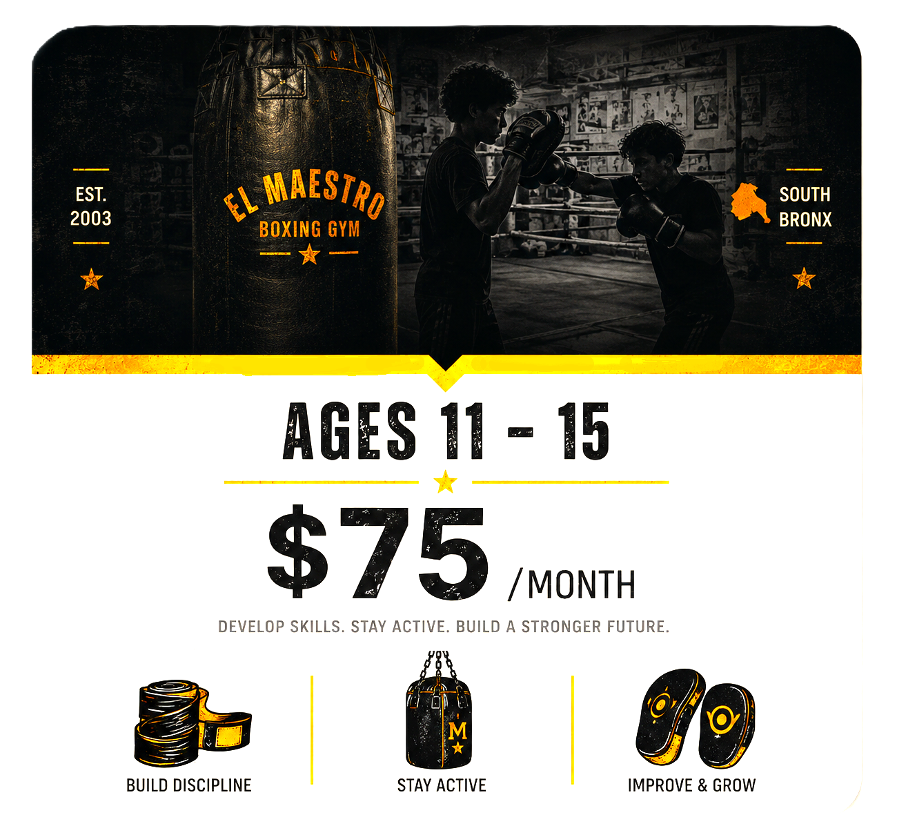 Advertisement poster for El Maestro Boxing Gym in the South Bronx, established in 2003, for children aged 11-15, costing $75 per month. The poster features a black and white image of two boys boxing, with training equipment icons at the bottom.