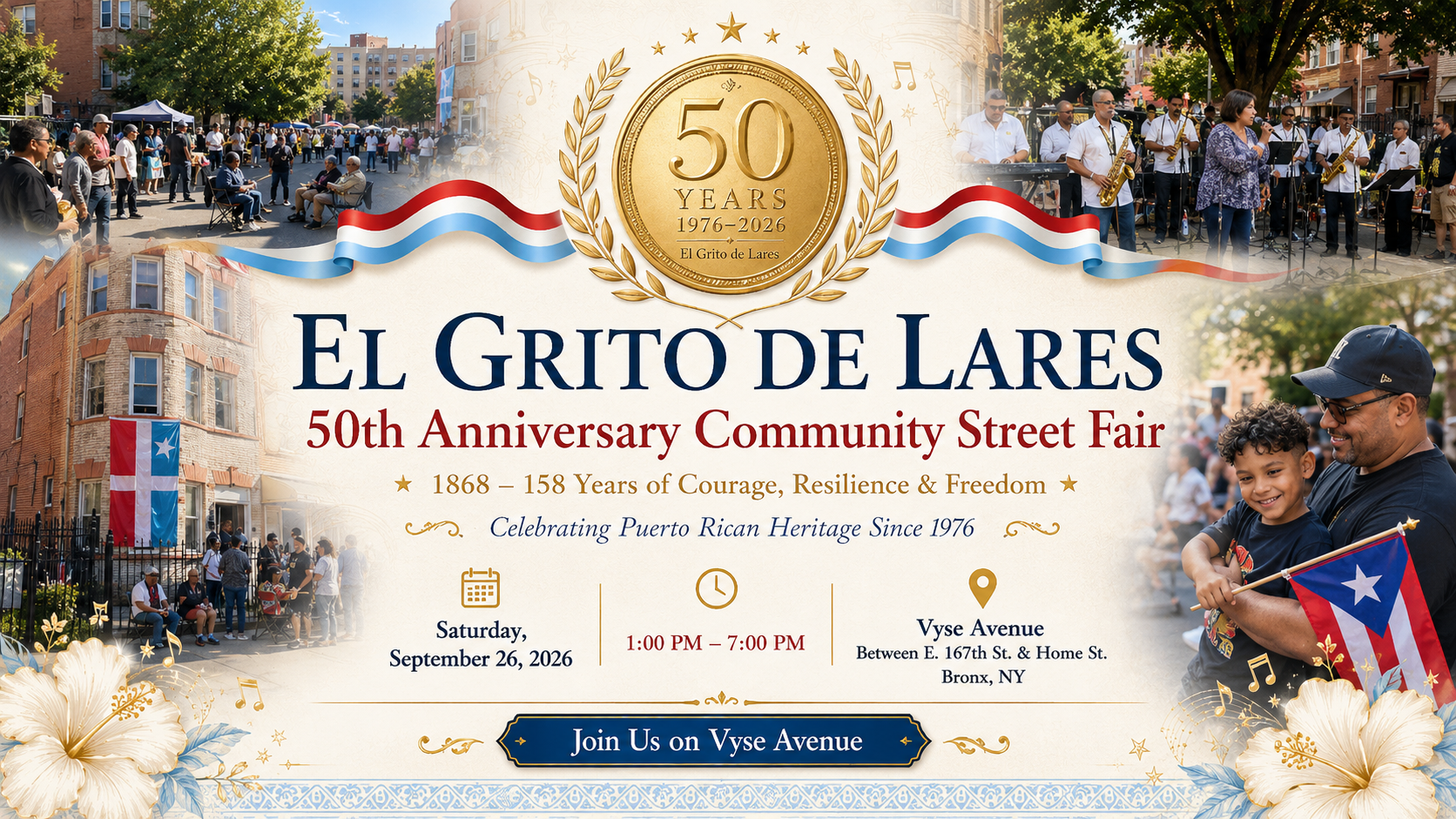 Celebration poster for El Grito de Lares 50th Anniversary Community Street Fair, featuring images of a street fair with people, musicians, and Puerto Rican flags. Includes event details such as date, time, location, and anniversary information.
