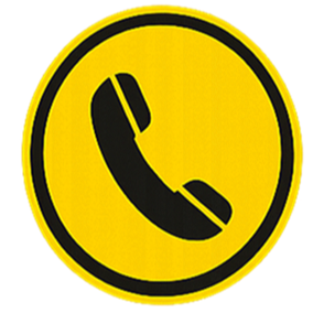 Yellow circular sign with a black telephone handset icon in the center.