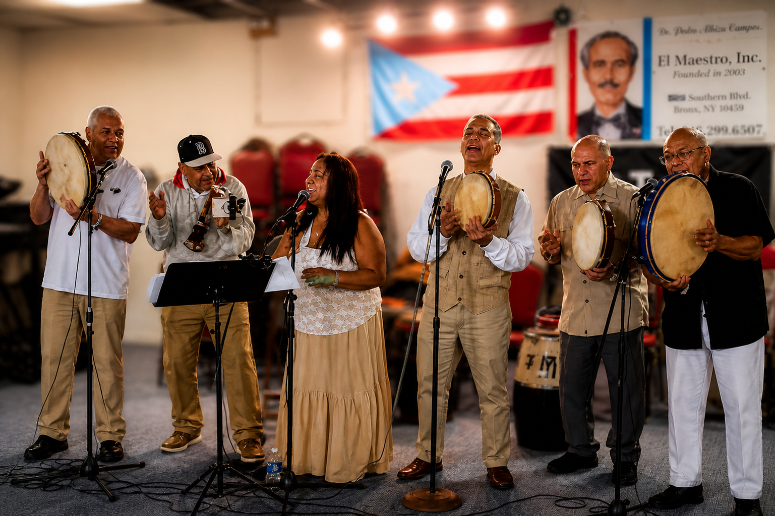 A group of six people singing and playing percussion instruments on stage, with an American flag and a Puerto Rican flag in the background.