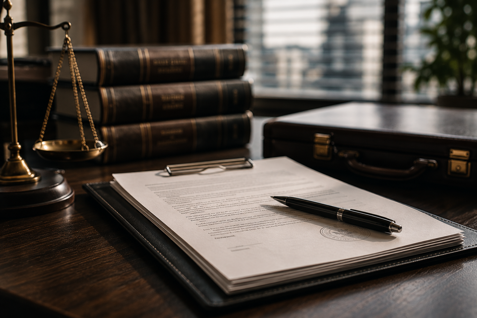 Legal office desk with a stack of law books, a balance scale, a briefcase, a document with a pen, and a window with blinds in the background.