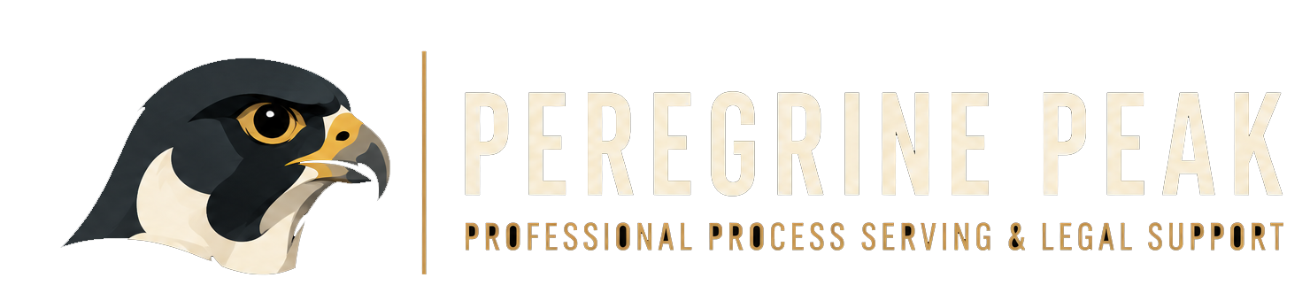 Logo of Peregrine Peak with a falcon head illustration and the text 'Peregrine Peak' and 'Professional Process Serving & Legal Support'.