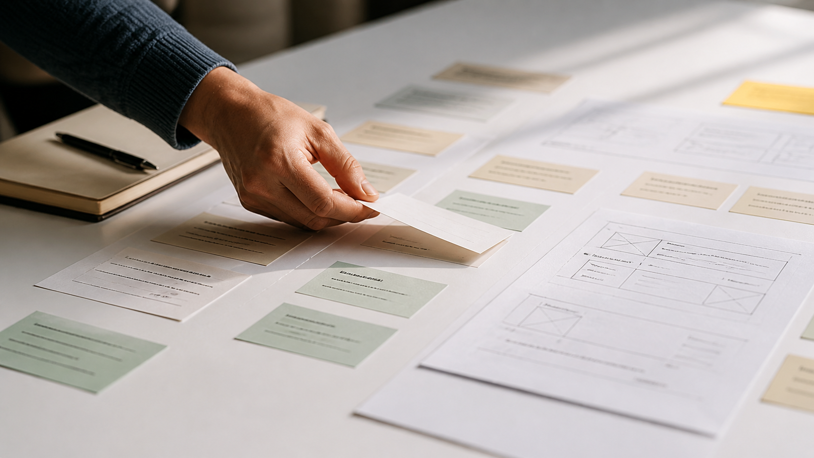 A person's hand is placing a sticky note on a large sheet of paper with various documents and notes, a notebook and pen nearby.