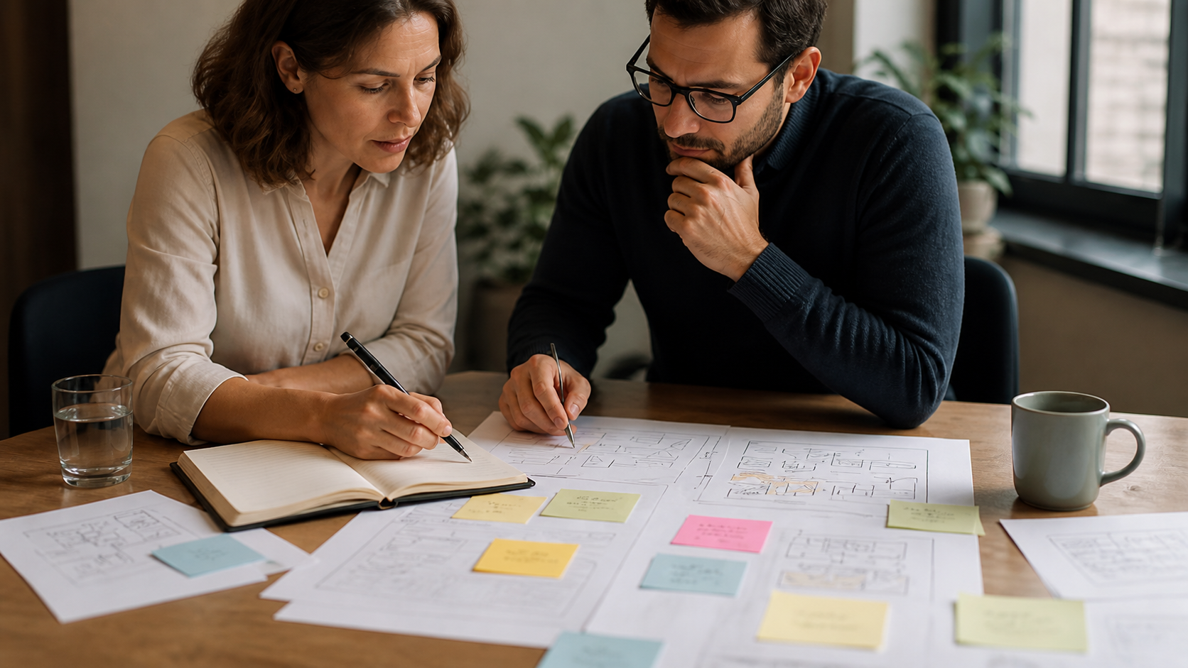 Two people, a woman and a man, are working together at a table covered with papers, sticky notes, and architectural drawings. They are focused on planning or designing a project, with pens in hand, in a bright room with a window and potted plants.