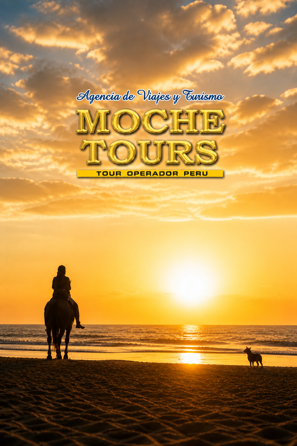 Una puesta de sol en la playa, con una persona montada en un caballo en la arena y un perro pequeño caminando cerca del agua, en un ambiente cálido y sereno.