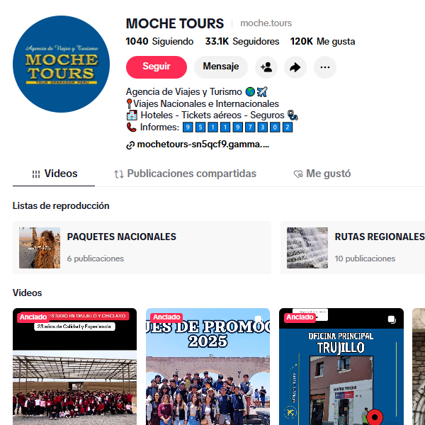 Captura de pantalla de la página de Facebook de Moche Tours con su logotipo y publicaciones relacionadas con paquetes de viajes y rutas regionales, así como información de contacto y videos promocionales.