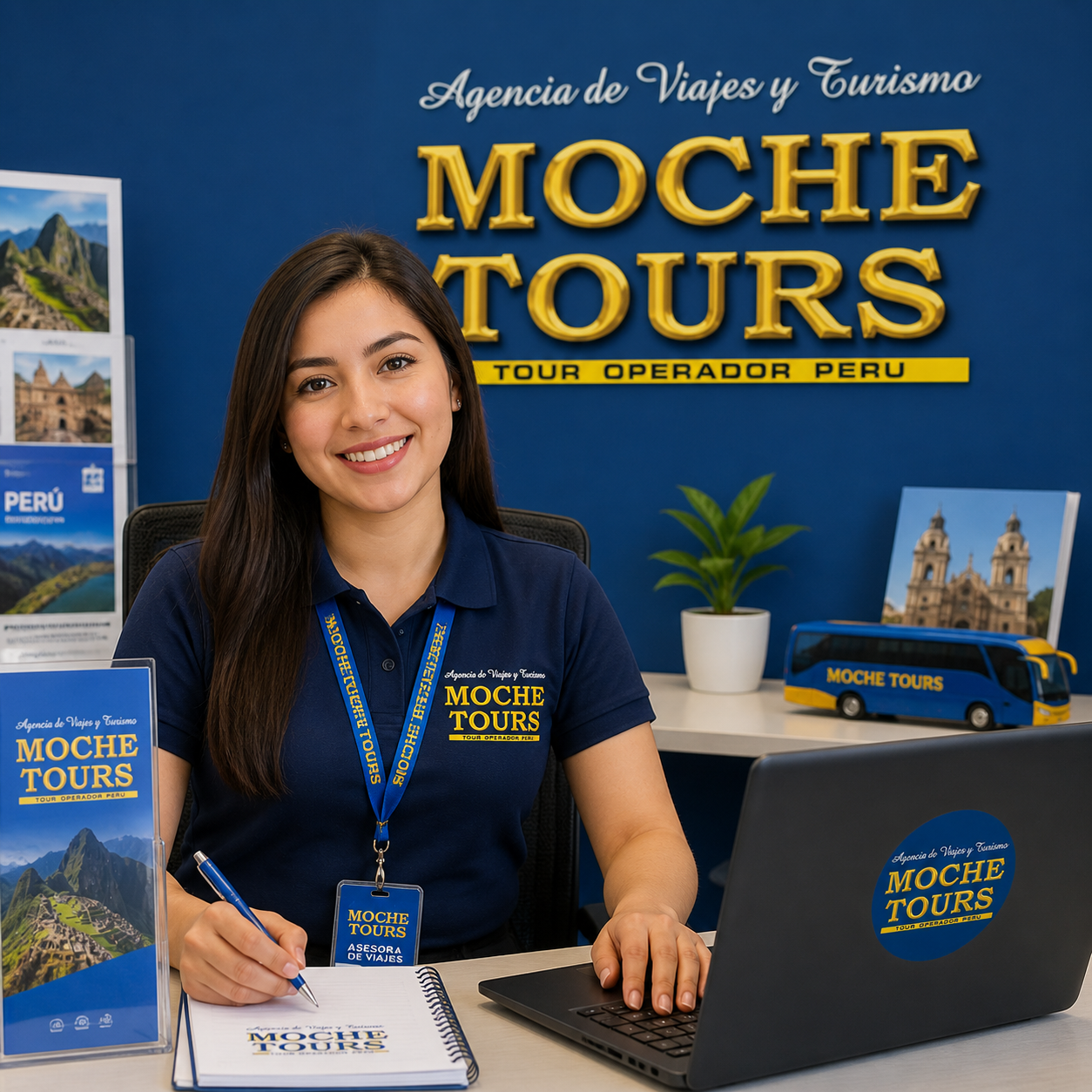 Mujer sonriente en un puesto de agencia de viajes y turismo Moche Tours, con computadora, folletos y decoración relacionada con el turismo en Perú.