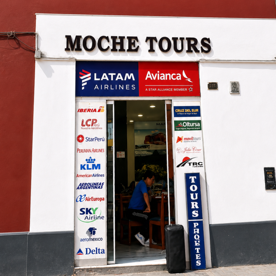Entrada a una agencia de viajes llamada Moche Tours con logos de aerolíneas como LATAM, Avianca, Iberia, StarPerú, KLM, Aerolíneas Argentinas, Air Europa, Sky, AeroMéxico, Delta y otros. Hay un agente atendiendo a un cliente dentro.