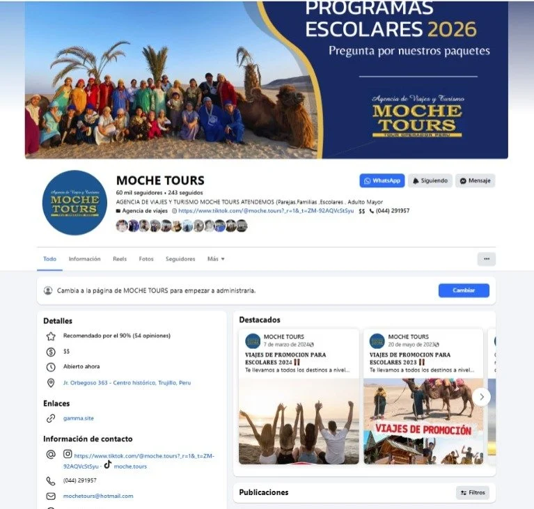 Página de Facebook de Moche Tours, agencia de viajes especializada en turismo en Perú, con una foto de un grupo de personas en el desierto junto a un camello y palmeras, promocionando programas escolares y viajes de promoción para 2023 y 2024.