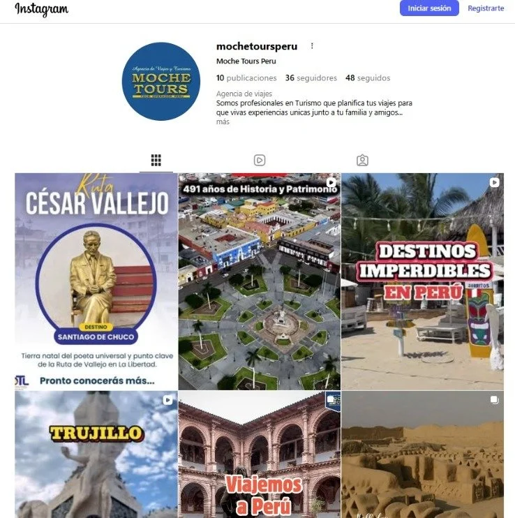 Perfil de Instagram de Moche Tours Perú con publicaciones sobre destinos en Perú, incluyendo Santiago de Chuco, Trujillo y sitios históricos y turísticos.