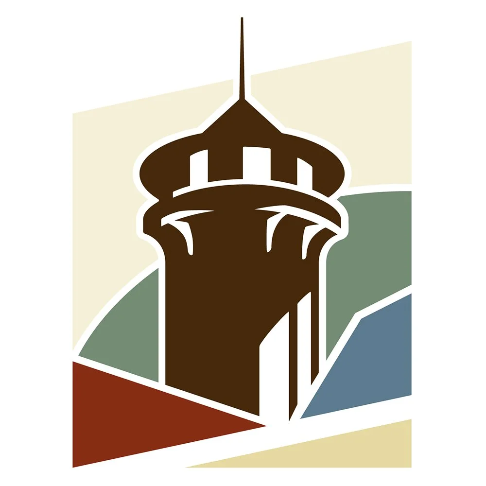 Stylized graphic illustration of a modern watchtower with a rounded top and tower-like structure, set against geometric colored background shapes in beige, green, blue, and red.