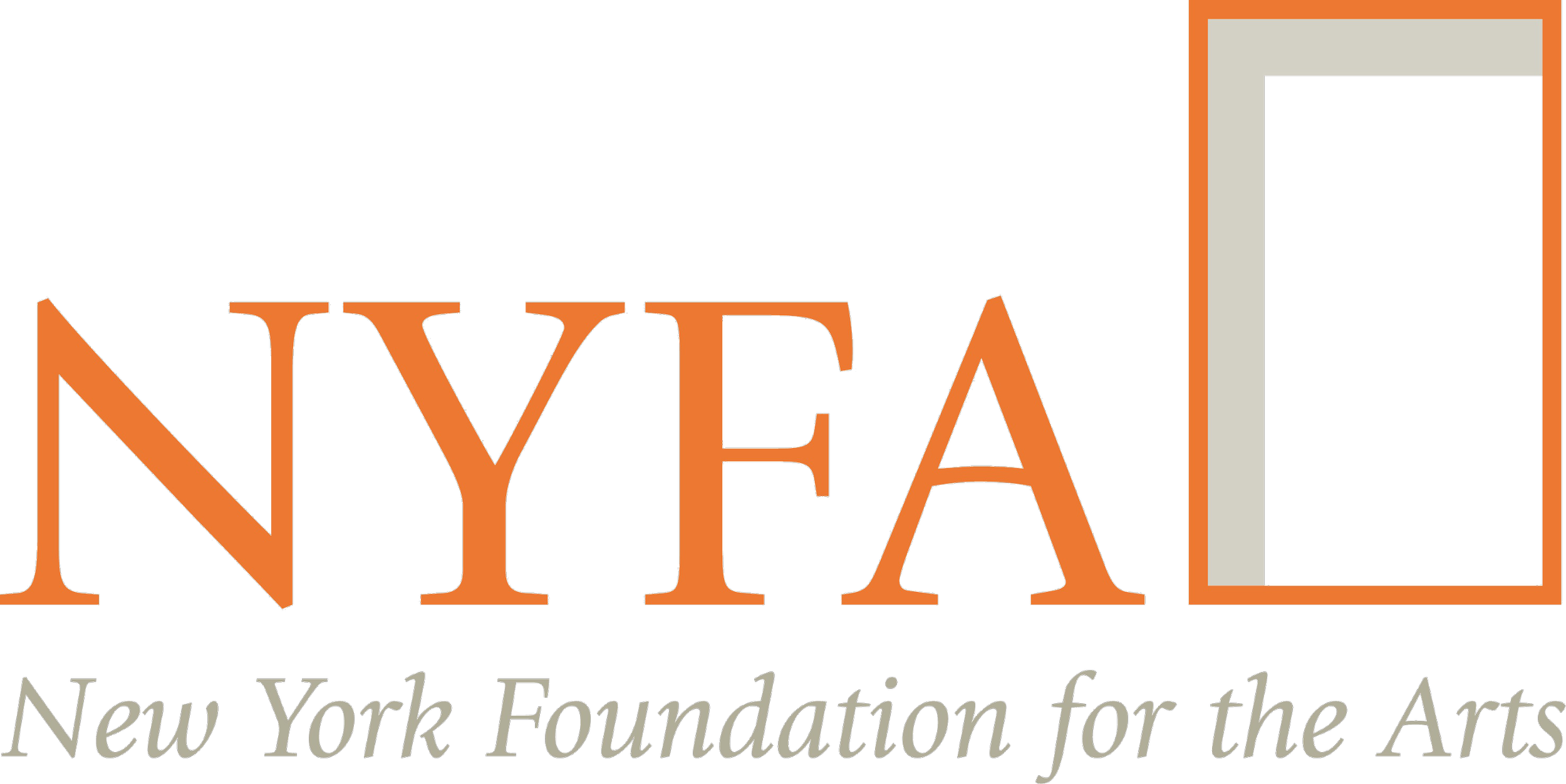 Logo for the NYFA, the New York Foundation for the Arts, with the text 'NYFA' in large orange letters and a black border, and the full name written below.