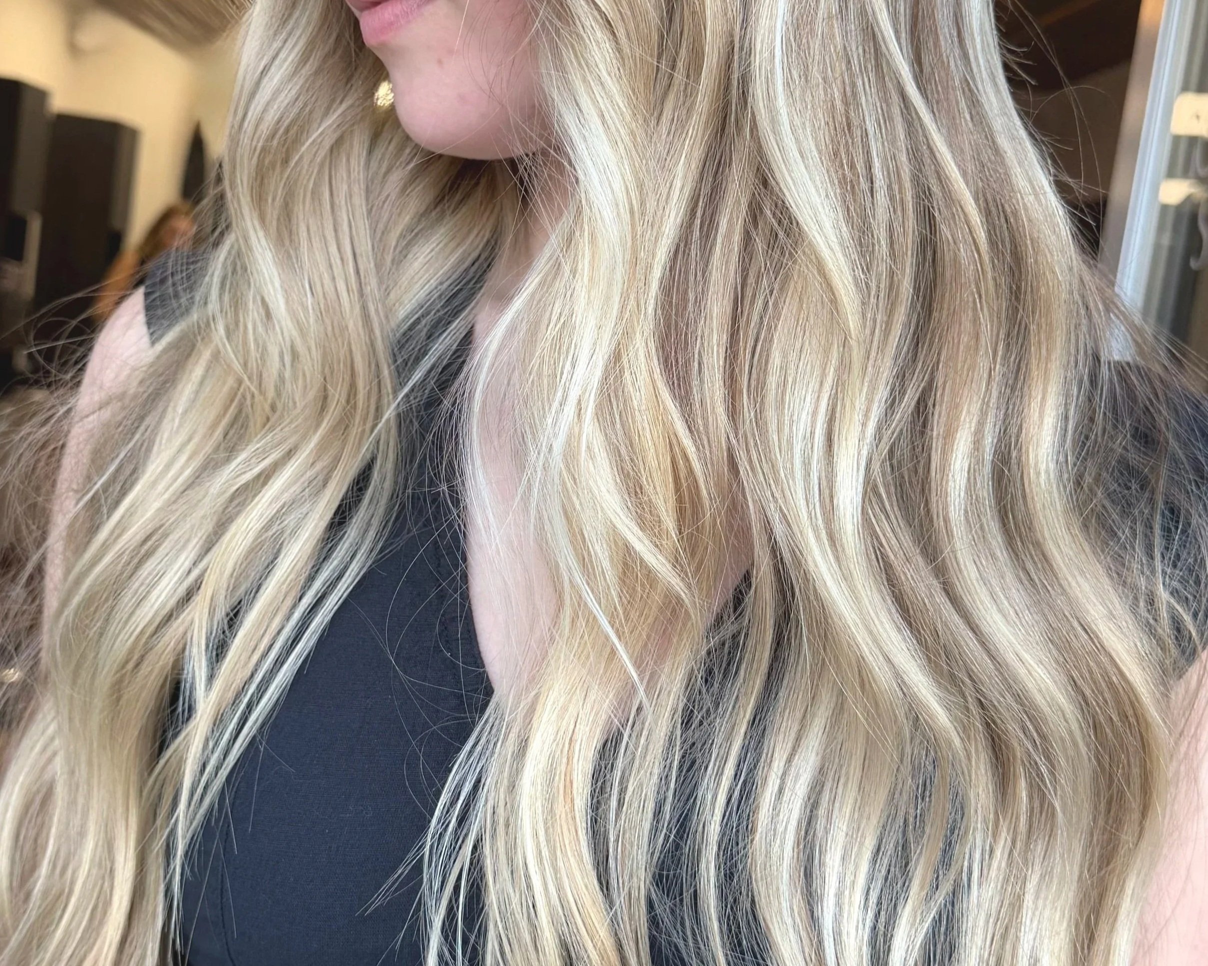 Blonde hair with summer highlights, dimensional, neutral blonde.