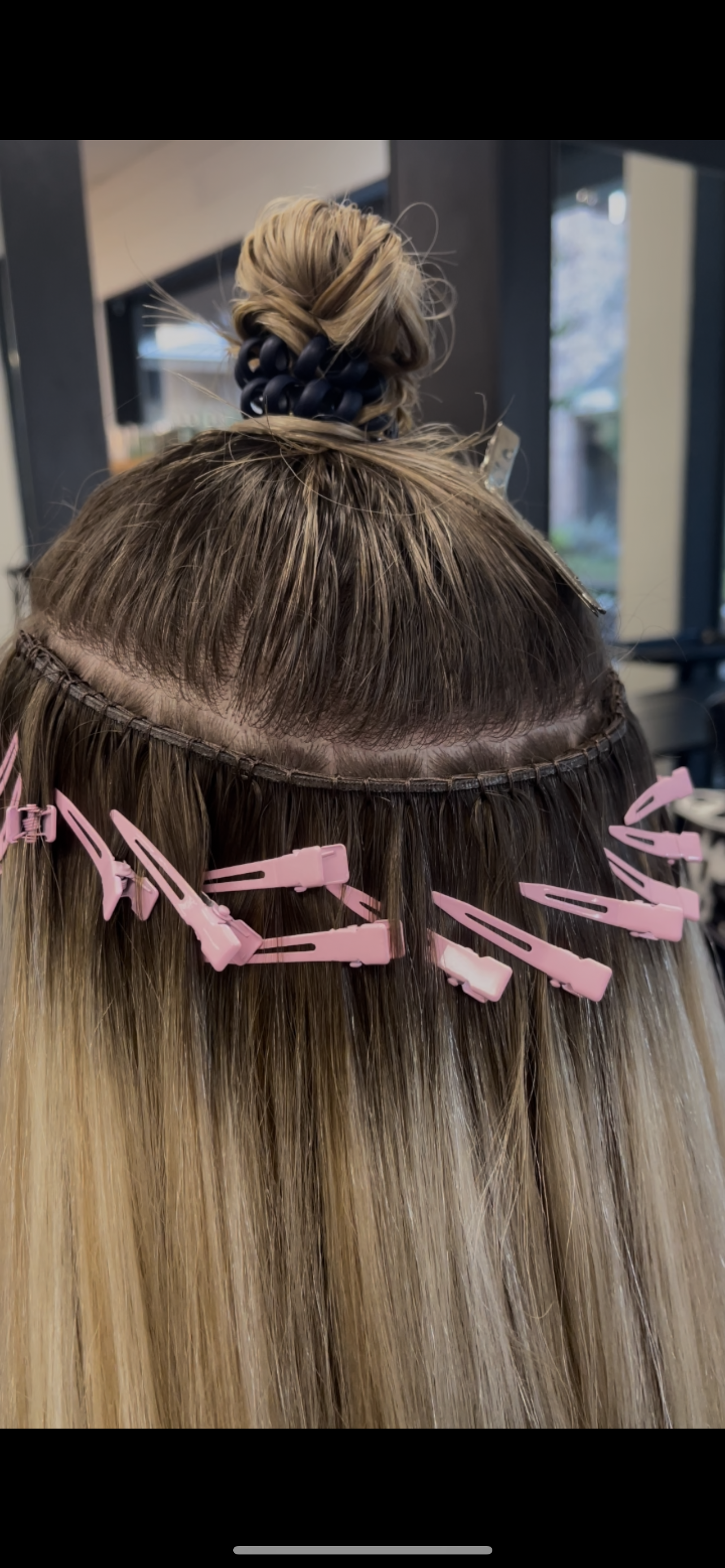 Sew-In extensions. One row for fullness. Blonde extensions.