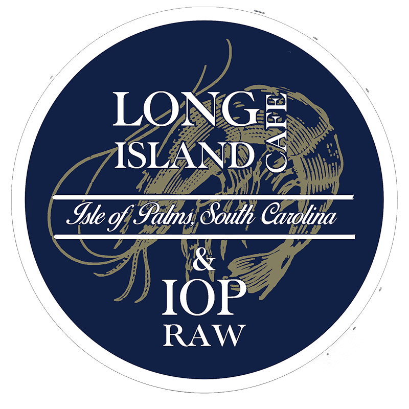 Logo for Long Island Cove featuring a lobster illustration, with text indicating it's from Isle of Palms, South Carolina, and includes IOP RAW.
