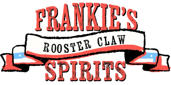 Logo for Frankie's Rooster Claw Spirits featuring red text, a white banner with black text, and American flag elements.