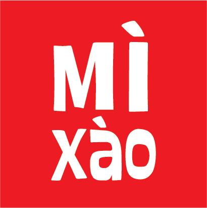 Red background with white text displaying "Mì xào".