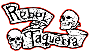 Rebel Taqueria logo with skulls and stylized text