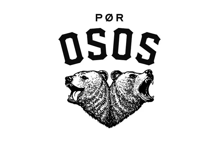 Design with the words 'POR OSOS' above two mirrored bear heads, one with its tongue out and the other yawning, in black and white.