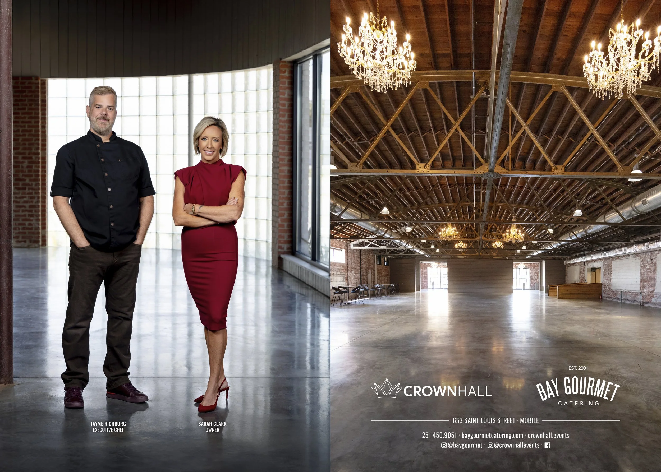Poster for Bay Gourmet Catering featuring executive chef Jayme Piquedur and owner Sarah Clark standing in a spacious industrial-style venue with exposed brick, wooden ceiling, and chandeliers.