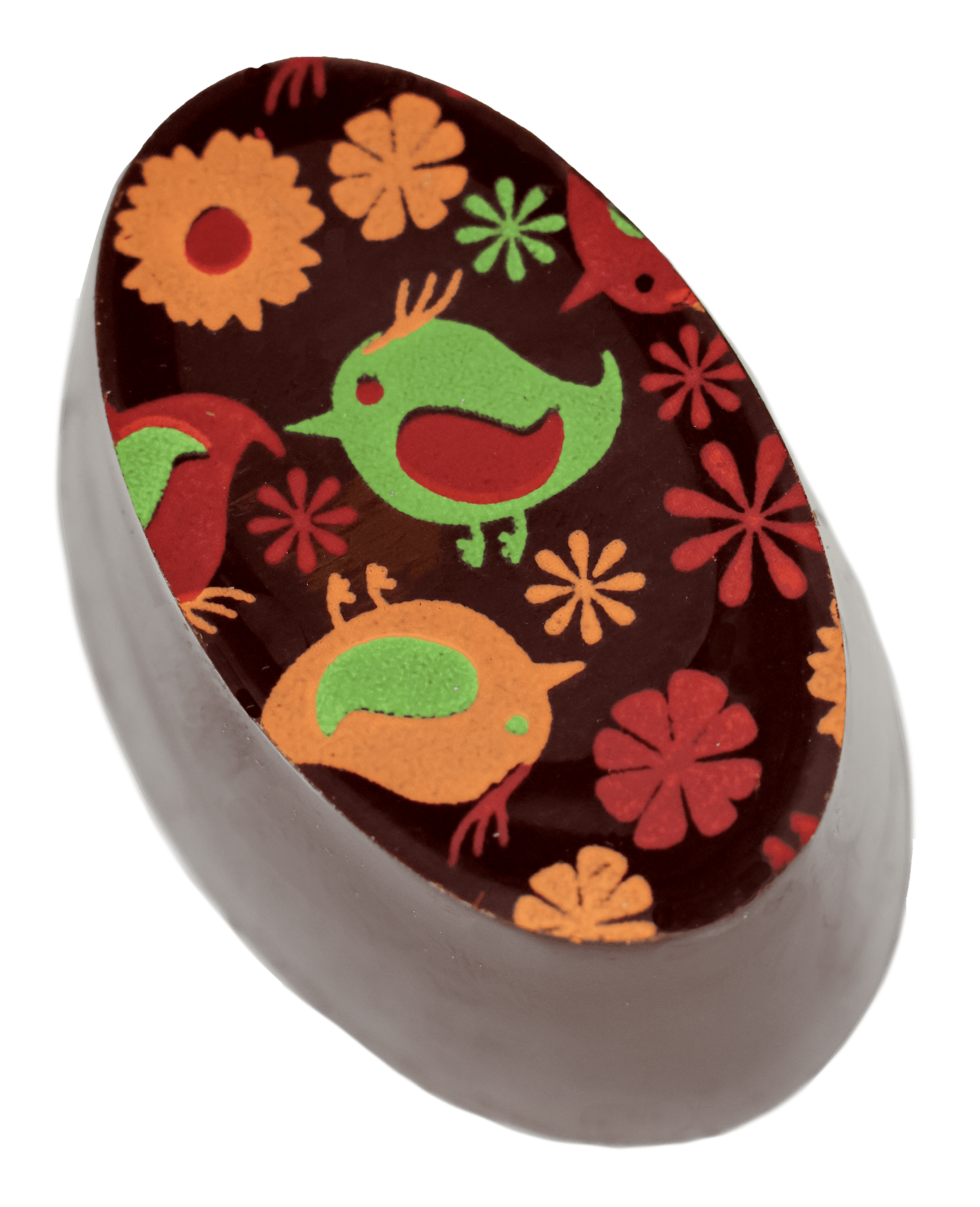 Decorative egg with a dark background featuring colorful floral and bird patterns, including a green bird, red birds, and orange, green, and red flowers.