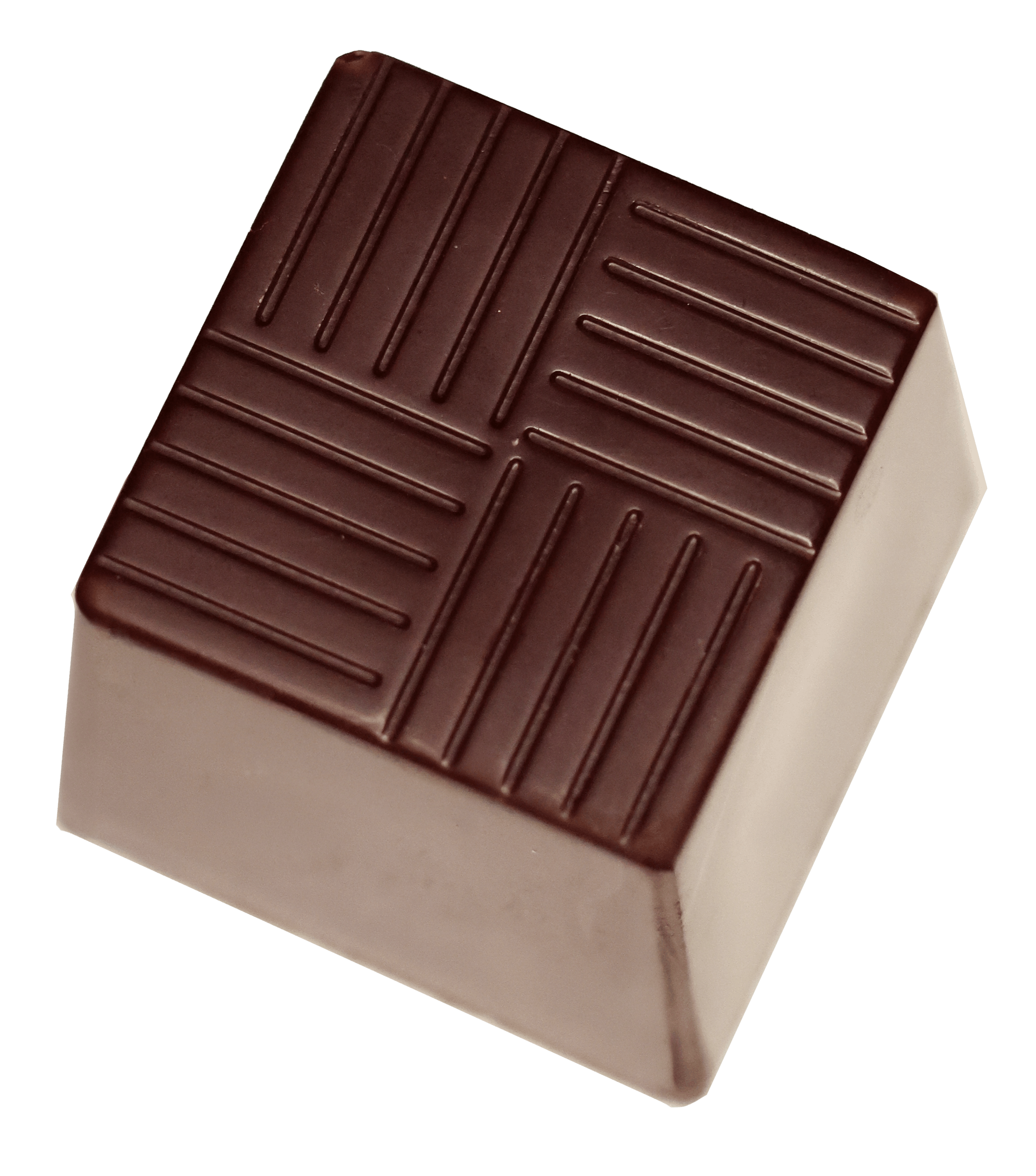 A bar of dark chocolate with textured, raised horizontal stripes resting on a white surface.