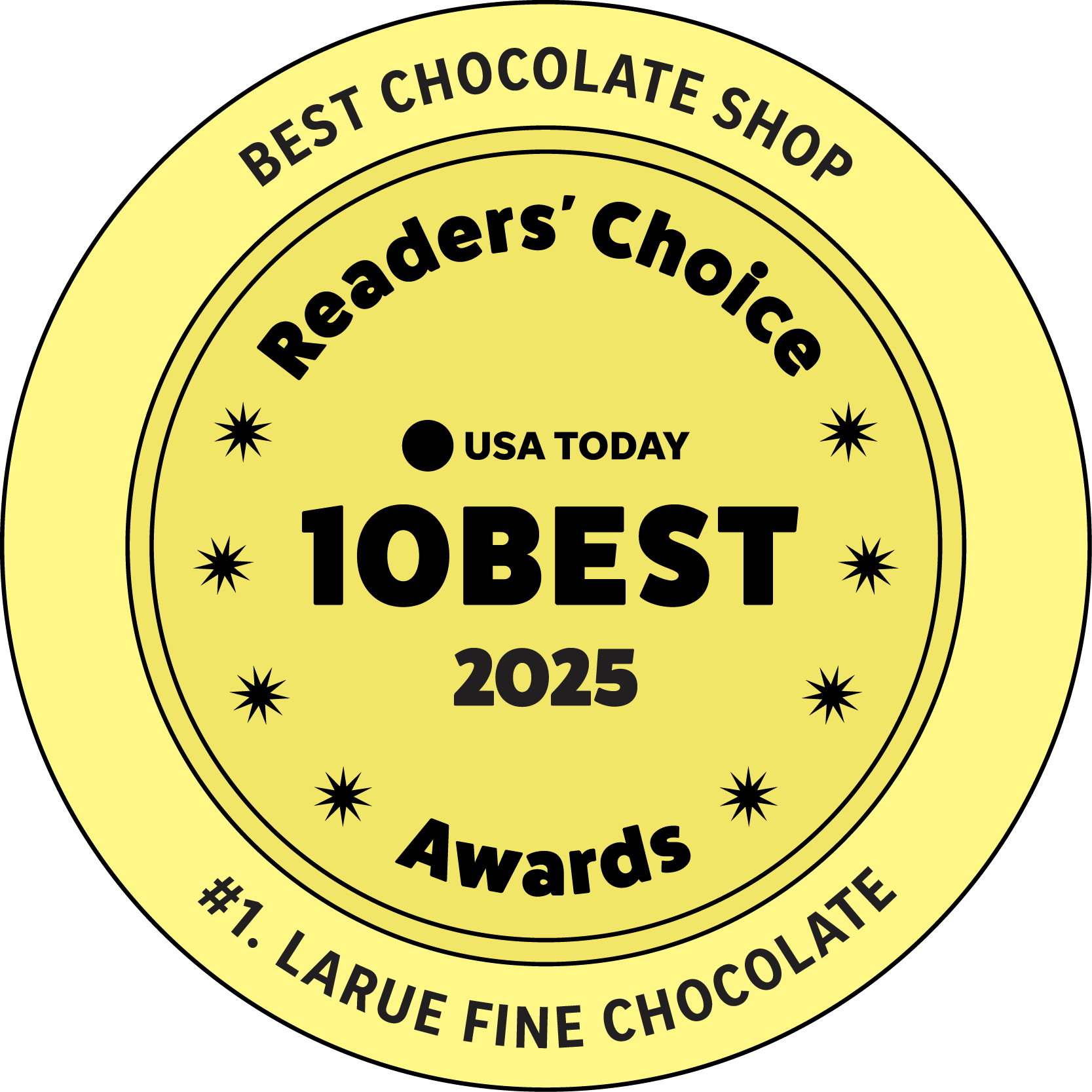 Gold circular badge with black text that says 'Best Chocolate Shop', 'Readers' Choice', 'USA Today', and '10 Best 2025'. It has a decorative border on the inside with small starburst icons and mentions '#1. Laruelle Fine Chocolate' and 'Awards' at the bottom.