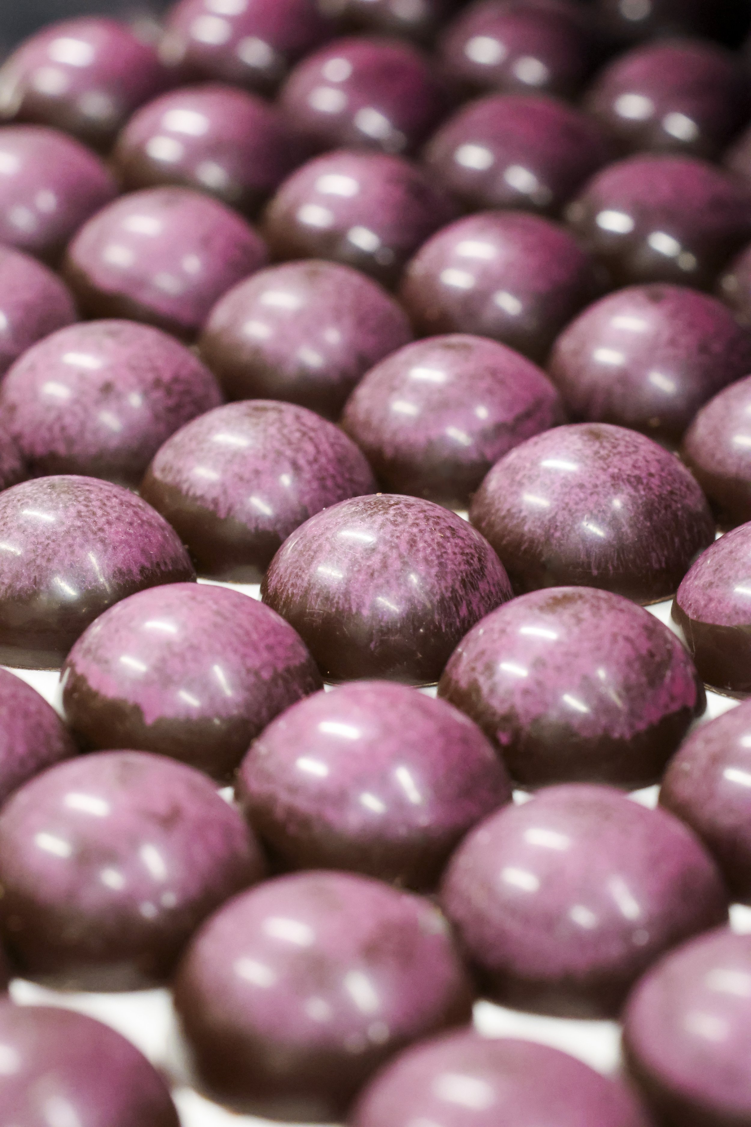 Close-up of multiple purple-gated candies or chocolates with a shiny surface arranged in rows.