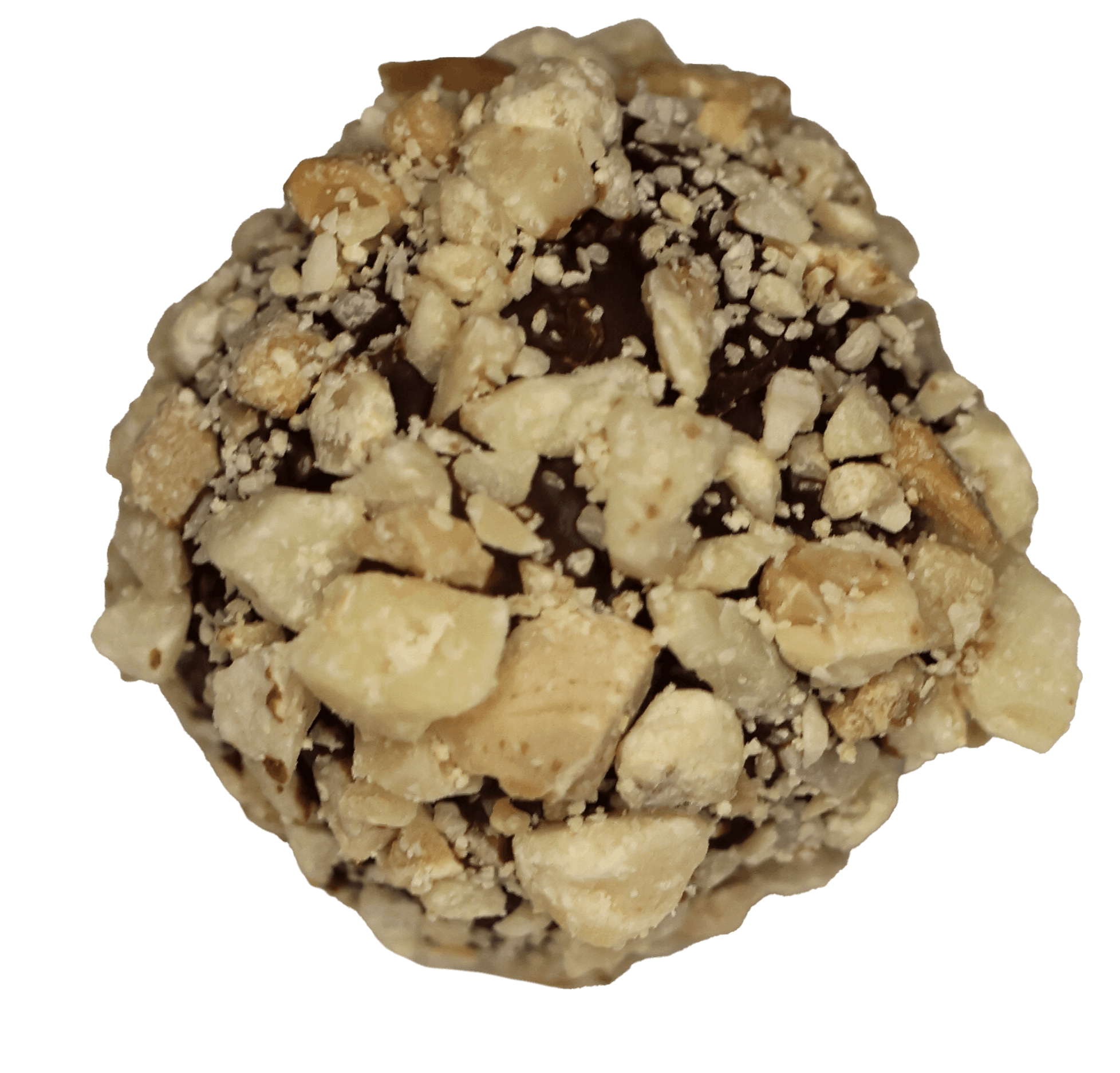 Close-up of a chocolate truffle coated with chopped nuts, with a black background.