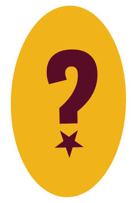 Yellow oval background with a large maroon question mark and a star below it.